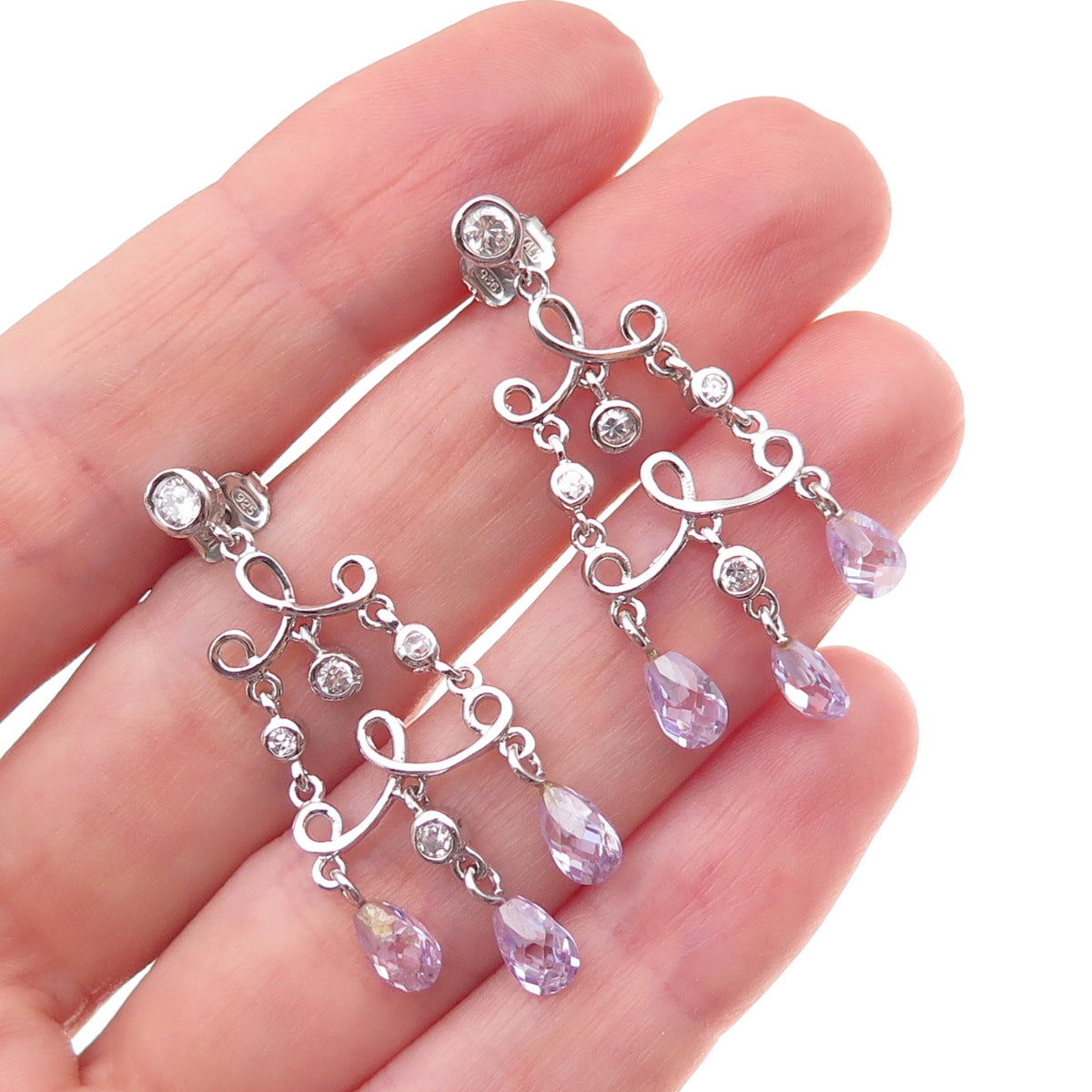 925 Sterling Silver Real Amethyst & C Z Chandelier Dangle Earrings