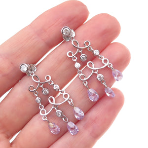 925 Sterling Silver Real Amethyst & C Z Chandelier Dangle Earrings