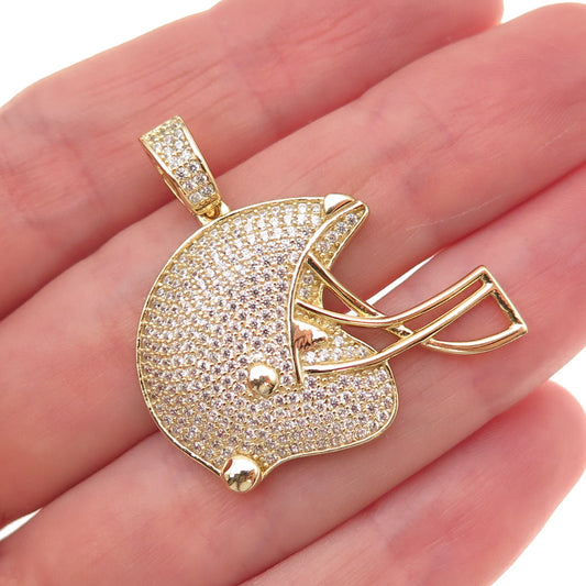 925 Sterling Silver Gold Plated Round-Cut C Z Football Helmet Pendant