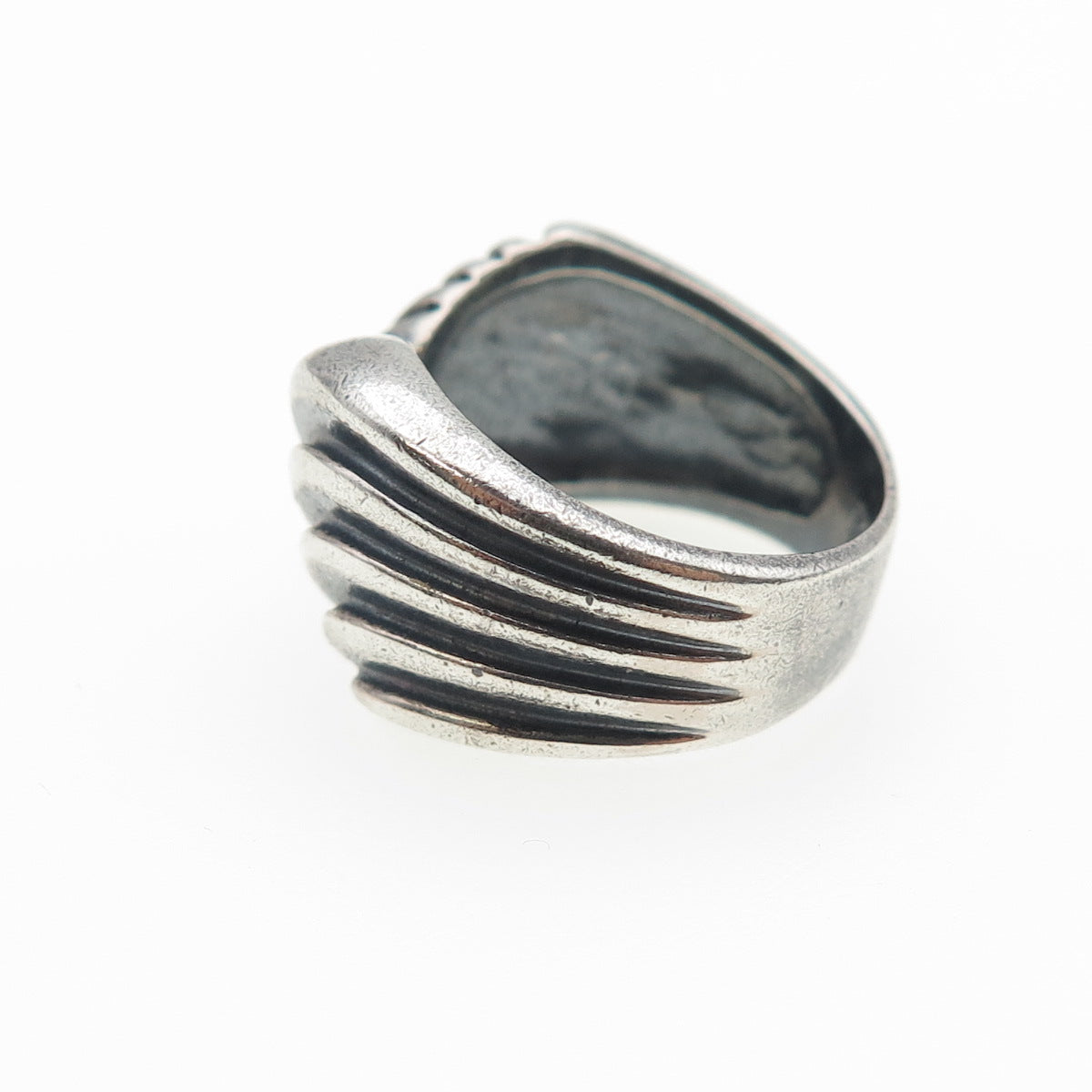 925 Sterling Silver Vintage Modernist Ribbed Bypass Oxidized Ring Size 5
