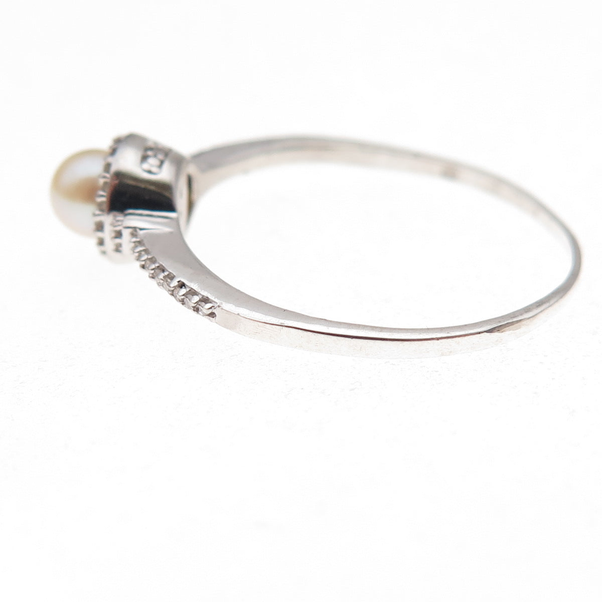 925 Sterling Silver Real Round-Cut Diamond & Pearl Ring Size 8.75