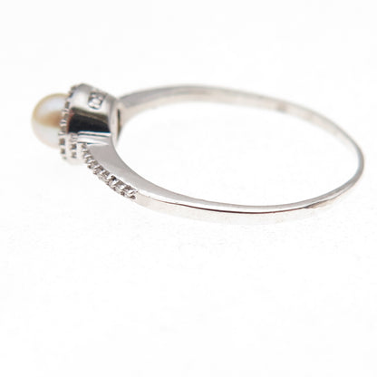 925 Sterling Silver Real Round-Cut Diamond & Pearl Ring Size 8.75