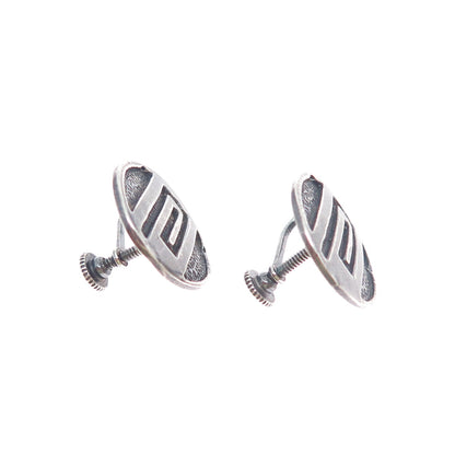 925 Sterling Silver Vintage Tribal Maze Symbol Oxidized Screw Back Earrings