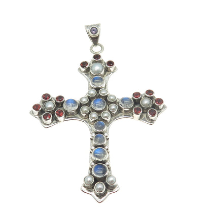 NICKY BUTLER Sterling Vintage Real Moonstone Pearl Garnet Amethyst Cross Pendant