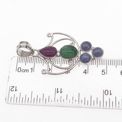 925 Sterling Silver Vintage Real Ruby Emerald & Tanzanite Modernist Pendant