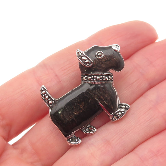 925 Sterling Silver Vintage Enamel Real Marcasite Scottish Terrier Pin Brooch