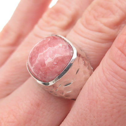 925 Sterling Silver Vintage Real Rhodochrosite Modernist Hammered Ring Size 8.25