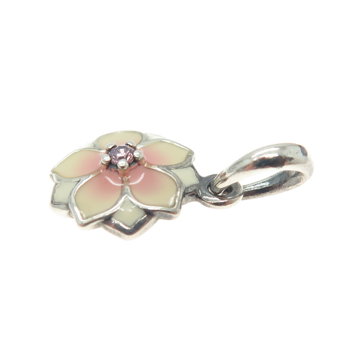 PANDORA 925 Sterling Silver Enamel Pink C Z Magnolia Bloom Dangle Pendant