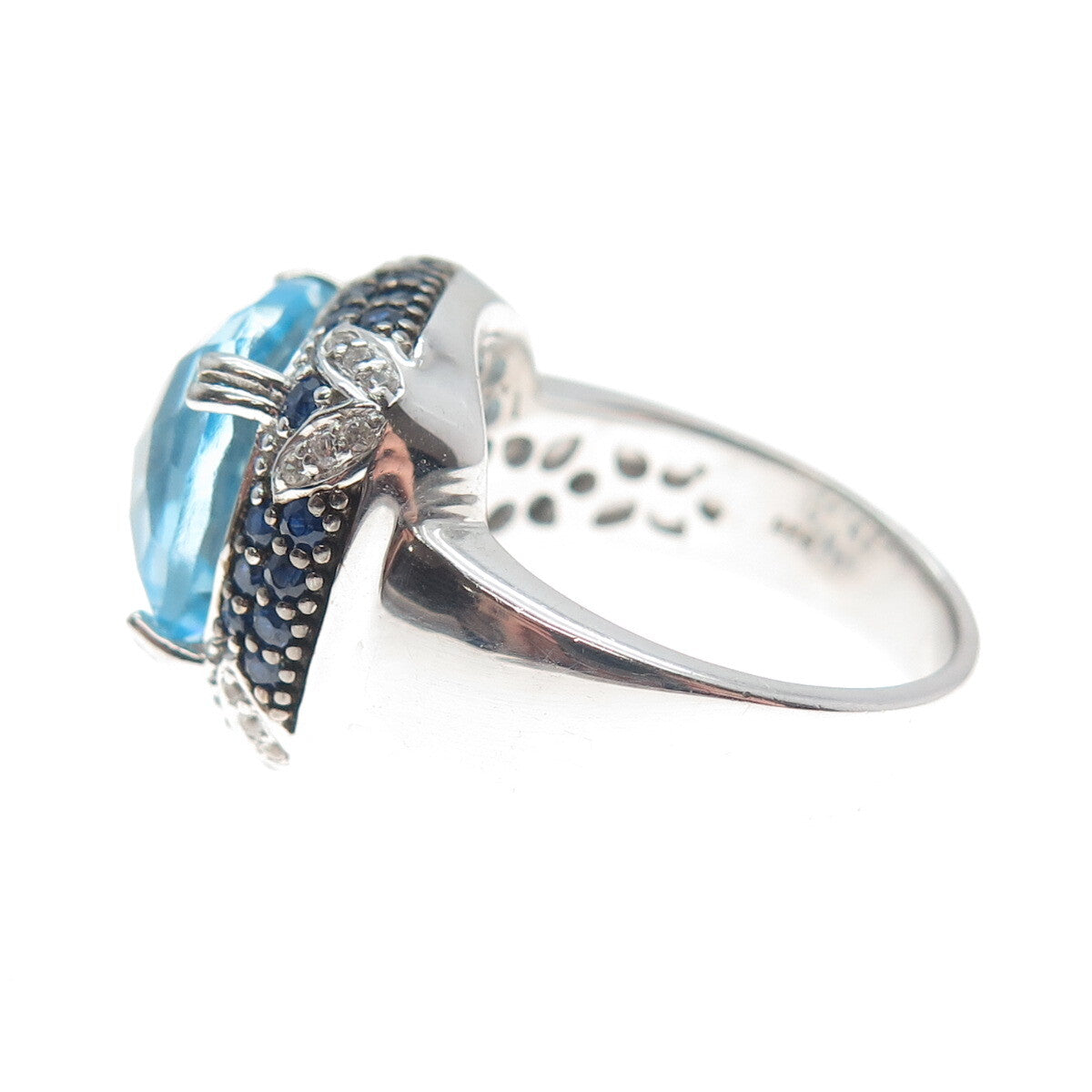 DSMK 925 Sterling Silver Checkered Blue & White Topaz Sapphire Gem Ring Size 7