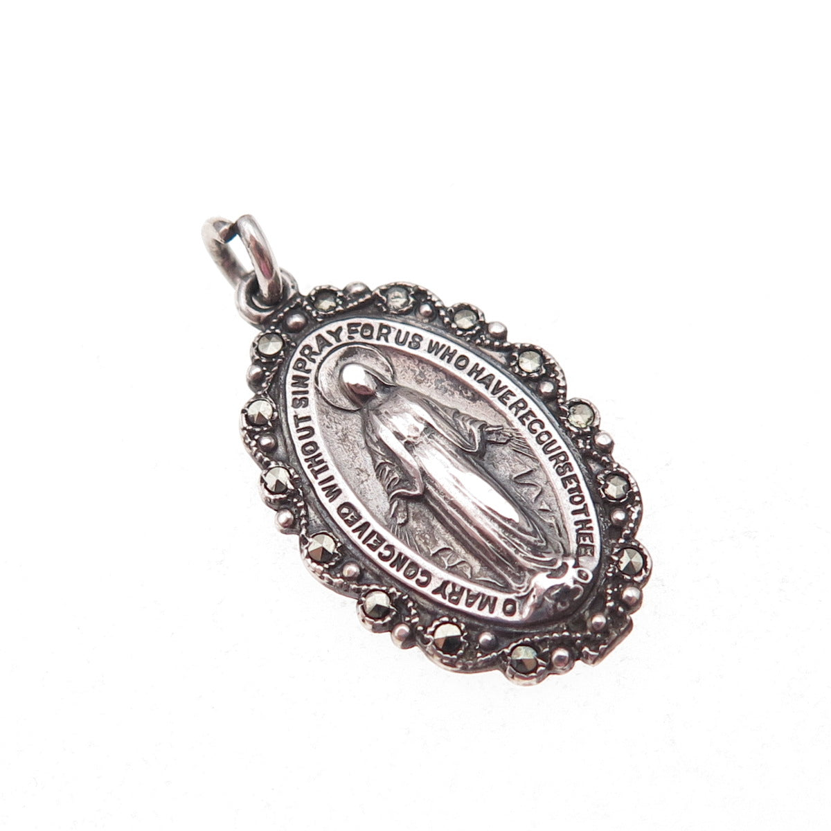 925 Sterling Silver Antique Art Deco Real Marcasite St. Mary Miraculous Pendant