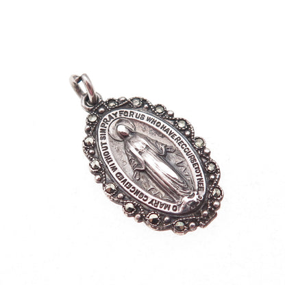 925 Sterling Silver Antique Art Deco Real Marcasite St. Mary Miraculous Pendant