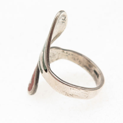 Joe Tom Navajo Old Pawn Sterling Turquoise & Coral Inlay Adjustable Ring Size 10