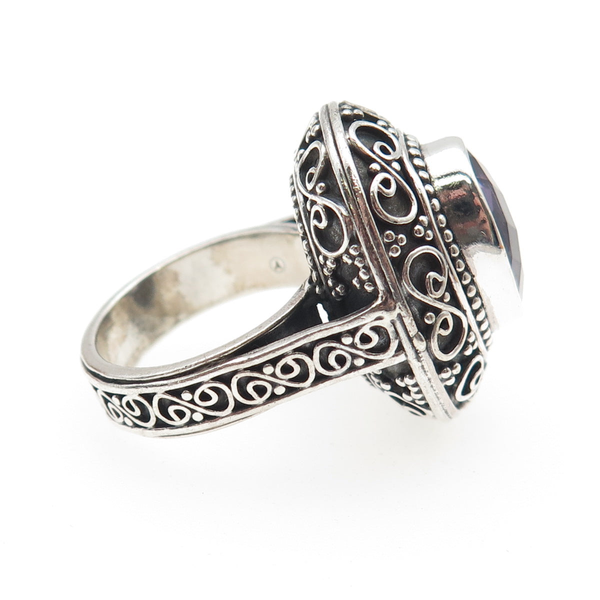 925 Sterling Silver Vintage Real Amethyst Scroll Oxidized Ring Size 7