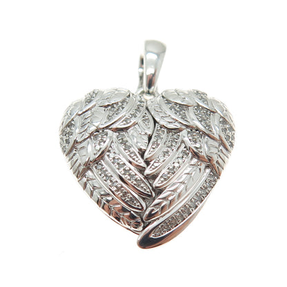 925 Sterling Silver Real Round-Cut Diamond Angel Wing Heart Locket Pendant