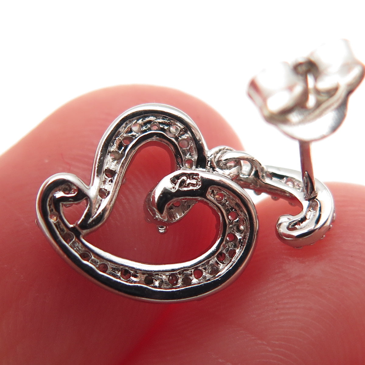 925 Sterling Silver Round-Cut C Z Heart Dangle Earrings