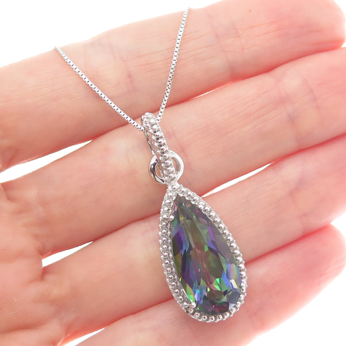 925 Sterling Silver Real Pear-Cut Mystic Quartz Box Chain Necklace 18"