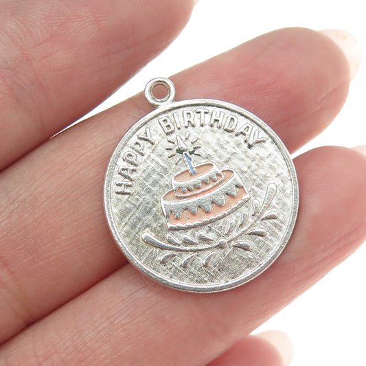 WELLS 925 Sterling Silver Vintage Enamel Engraved Happy Birthday Cake Pendant