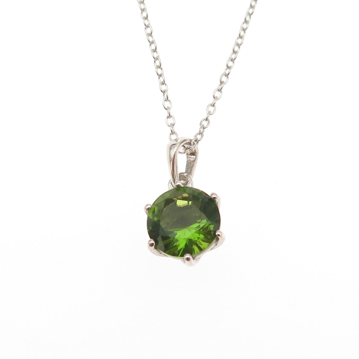 925 Sterling Silver Real Round-Cut Peridot Cable Chain Necklace 18"