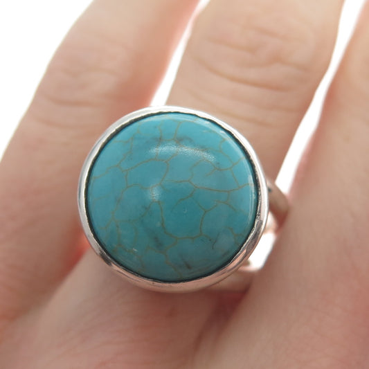 925 Sterling Silver Vintage Real Round-Cut Lone Mountain Turquoise Ring Size 8