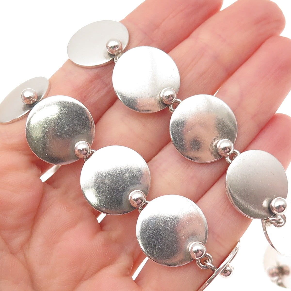 N.E. FROM 925 Sterling Silver Vintage Denmark Modernist Disc Chain Necklace 14"