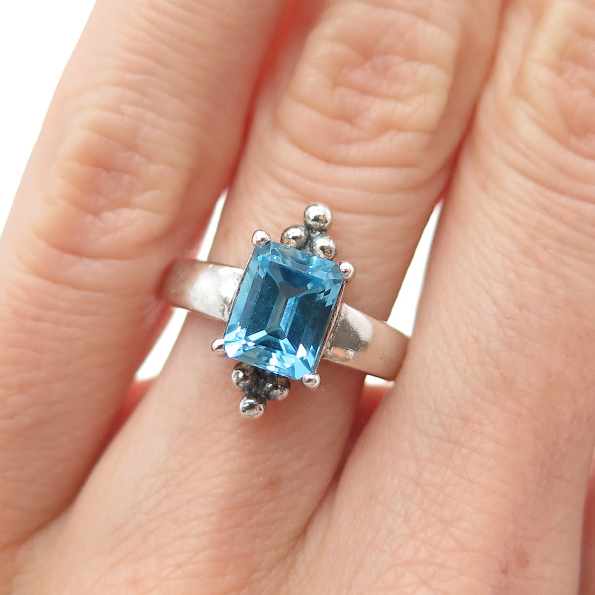 CLYDE DUNEIER CID 925 Sterling Silver Vintage Real Blue Topaz Beaded Ring Size 6