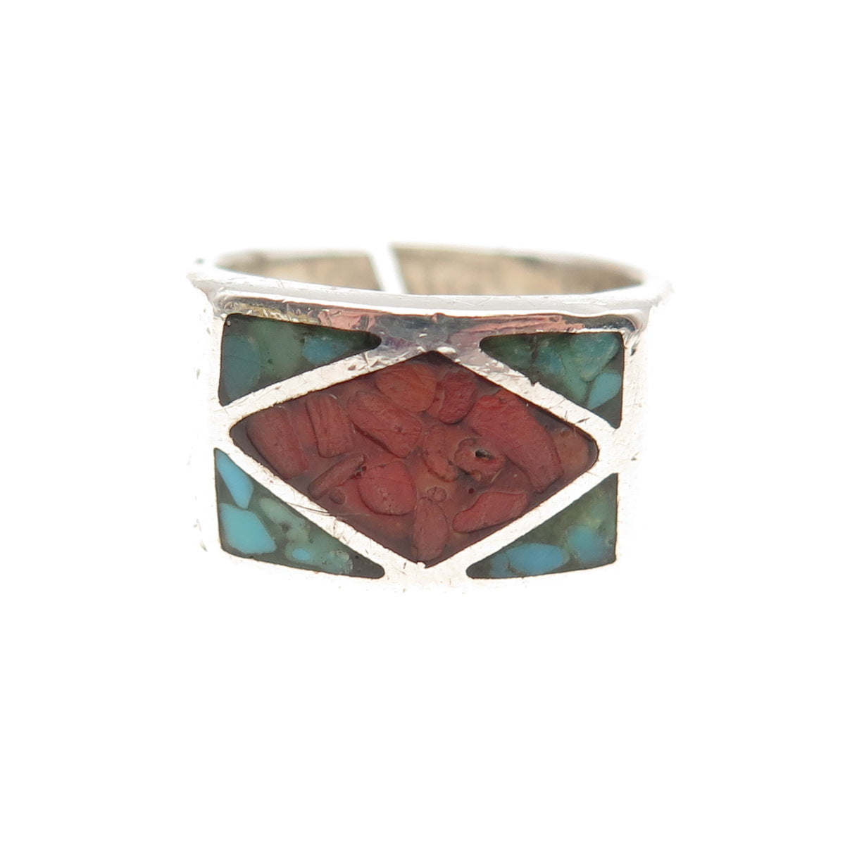 TOMMY LONG Old Pawn 925 Sterling Turquoise Coral Inlay Adjustable Ring Size 7.75