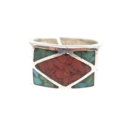 TOMMY LONG Old Pawn 925 Sterling Turquoise Coral Inlay Adjustable Ring Size 7.75