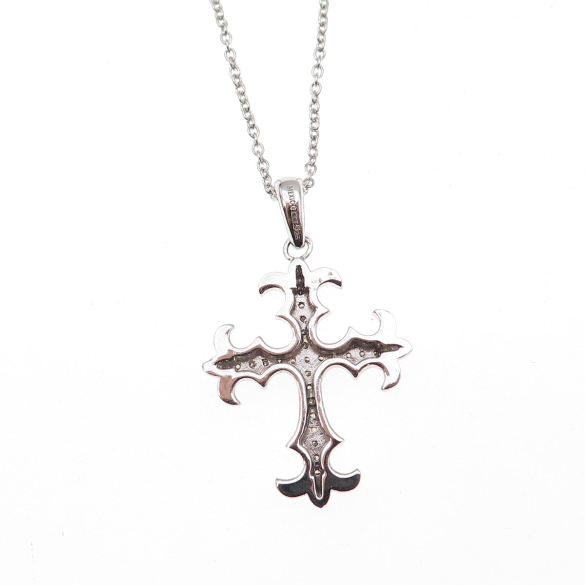 925 Sterling Mexico Real Diamond Fleur de Lis Cross Cable Chain Necklace 18"