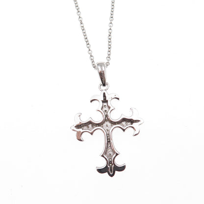 925 Sterling Mexico Real Diamond Fleur de Lis Cross Cable Chain Necklace 18"