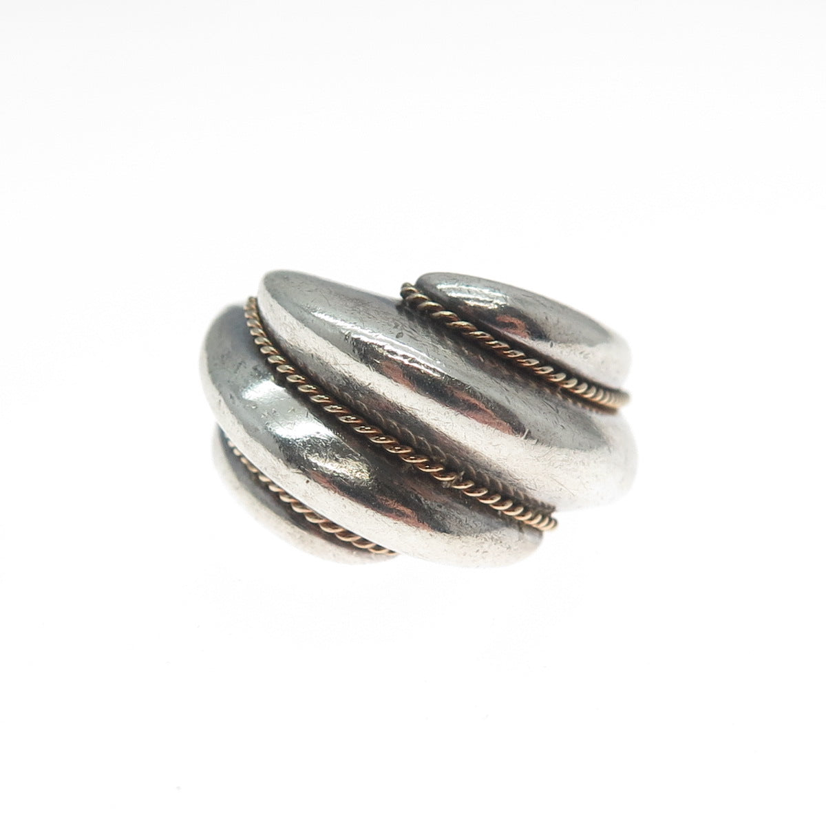 14K Yellow Gold & 925 Sterling Silver Vintage Modernist Oxidized Ring Size 6