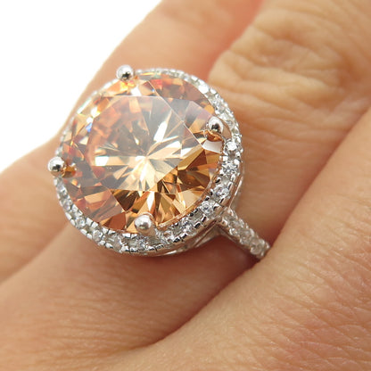 925 Sterling Silver White & Peach Round-Cut Shaped C Z Ring Size 6