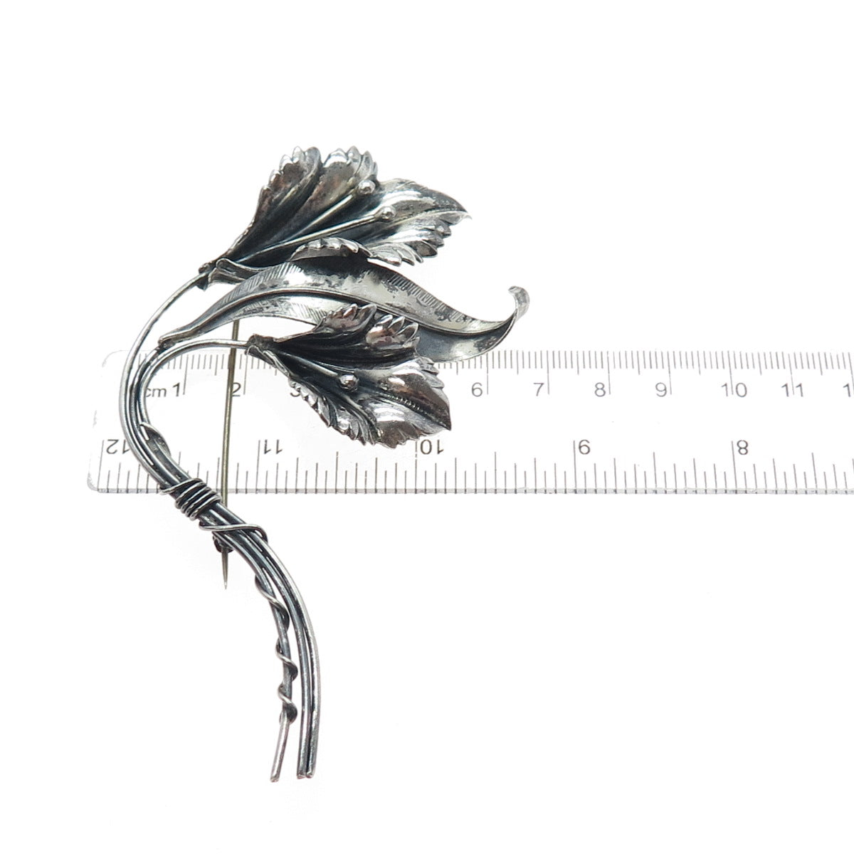 925 Sterling Silver Antique Art Deco Calla Lily Flower Oxidized Pin Brooch