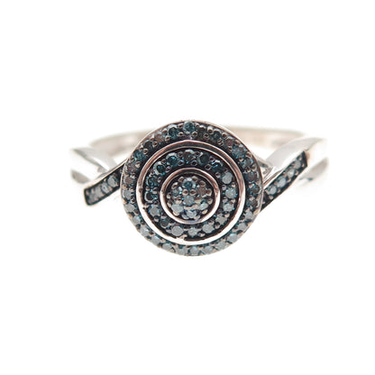 D'Joy 925 Sterling Silver Real Round-Cut Blue Diamond Ring Size 8