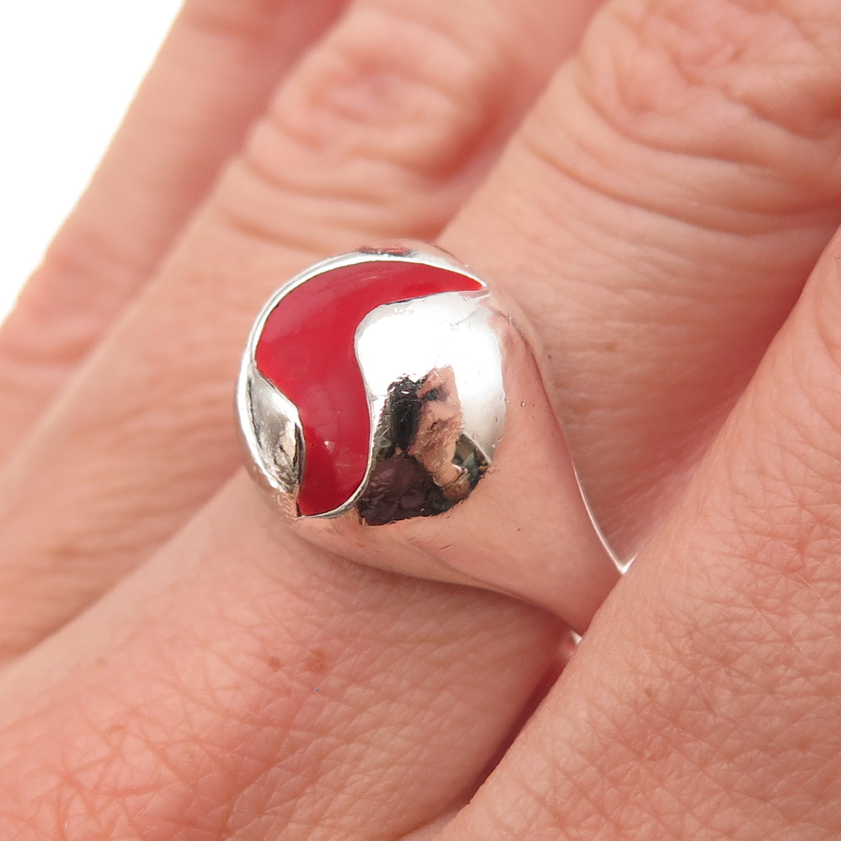 835 Silver Vintage Enamel Modernist Dome Oxidized Adjustable Ring Size 7
