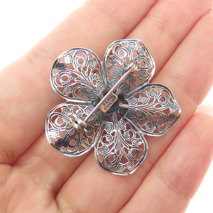 BEAU 925 Sterling Silver Antique Art Deco Flower Filigree Oxidized Pin Brooch