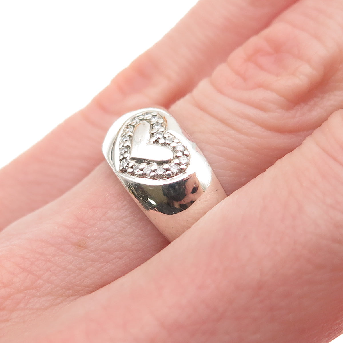925 Sterling Silver Real Round-Cut Diamond Heart Ring Size 5.25