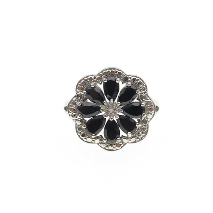 925 Sterling Silver Real Diamond & Black Spinel Flower Ring Size 6.25
