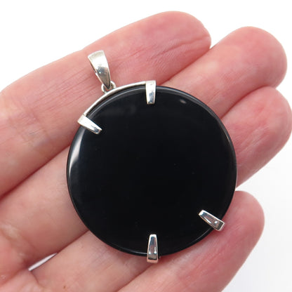 925 Sterling Silver Vintage Real Black Onyx Chinese Character Good Luck Pendant