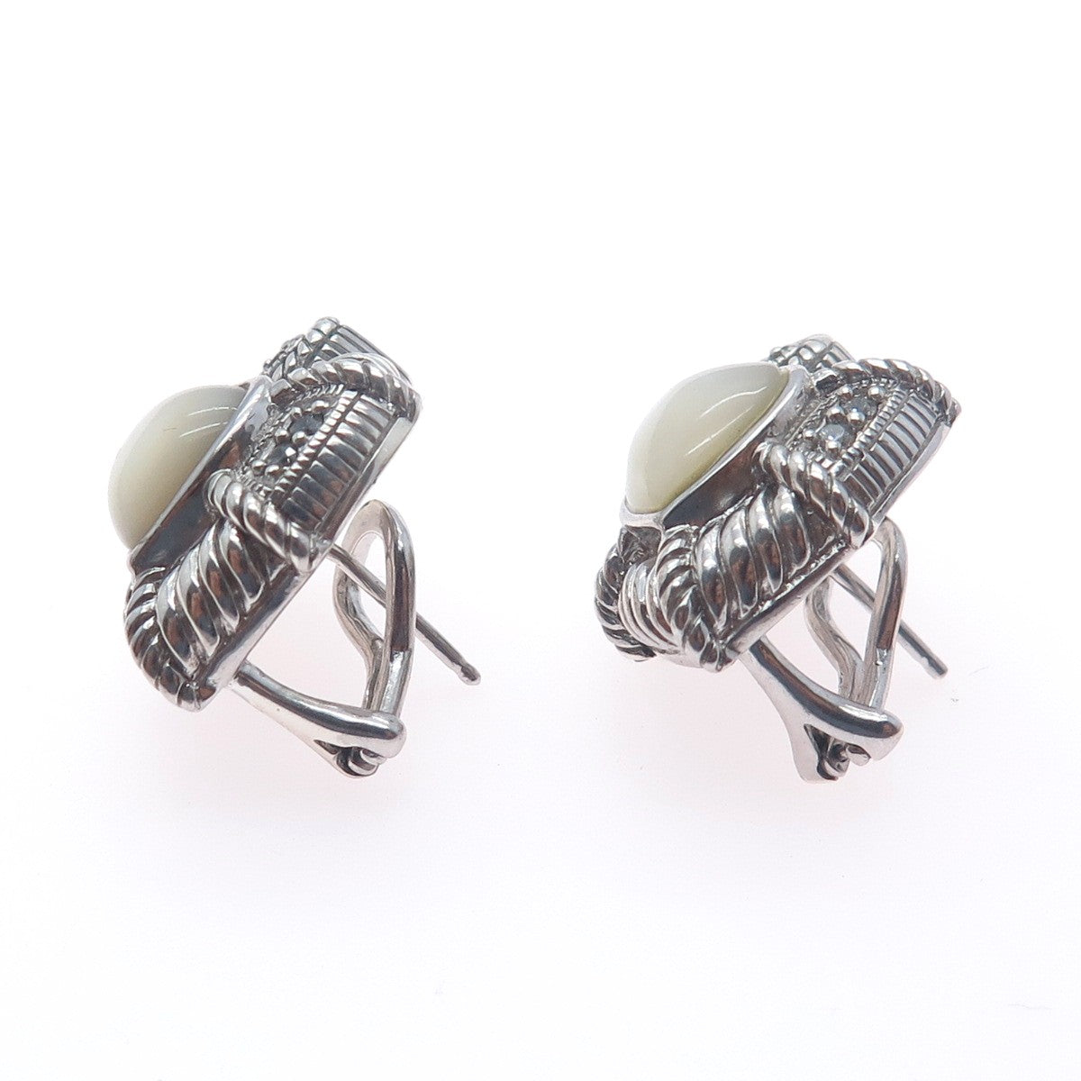 JUDITH RIPKA 925 Sterling Silver Real MOP & C Z Heart Omega Back Earrings