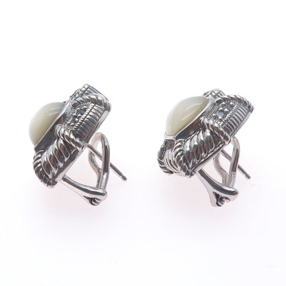 JUDITH RIPKA 925 Sterling Silver Real MOP & C Z Heart Omega Back Earrings