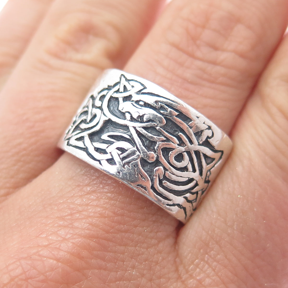 925 Sterling Silver Vintage Celtic Dragon Knot Oxidized Wide Band Ring Size 11