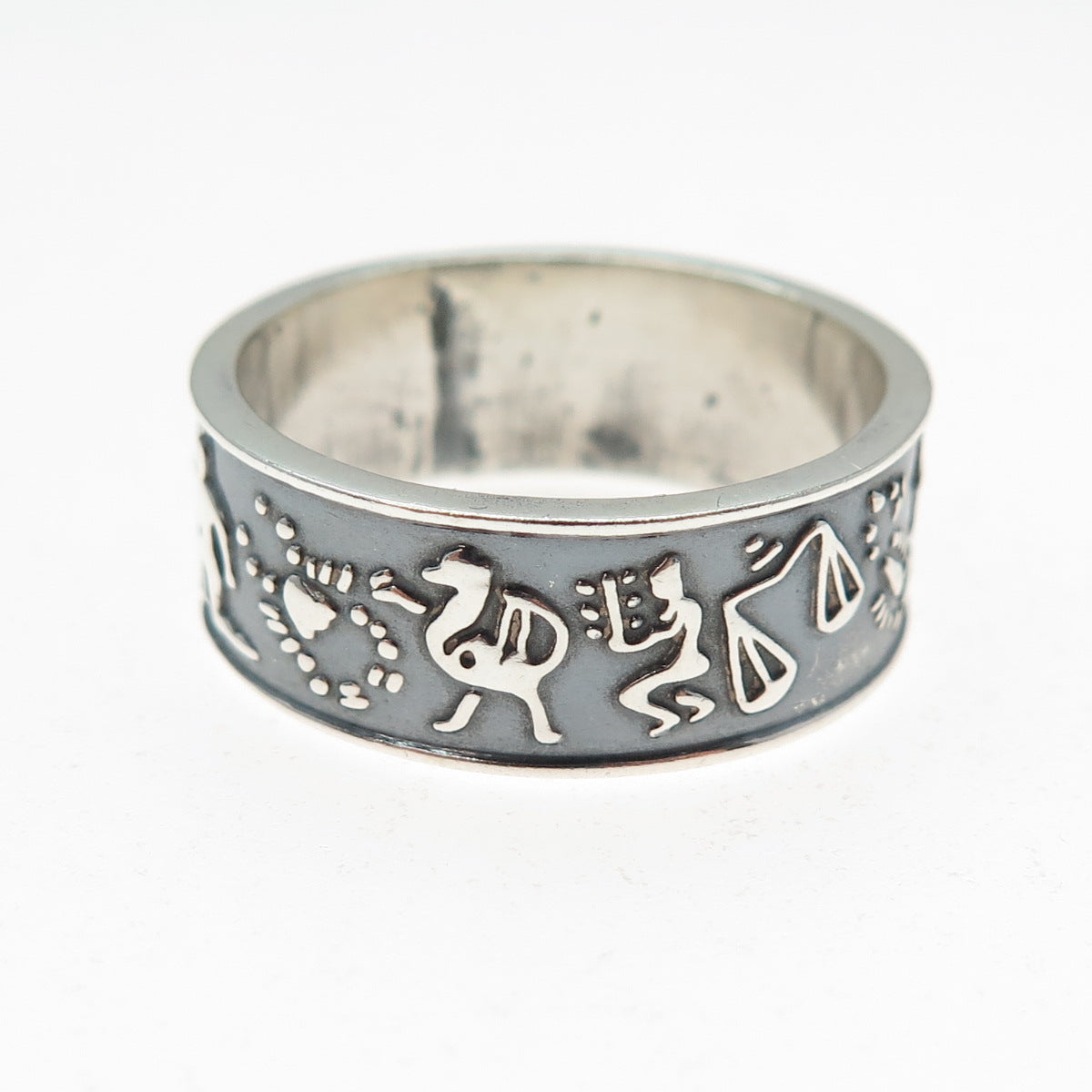 925 Sterling Silver Vintage Mexico Zodiac Calendar Oxidized Band Ring Size 11.75