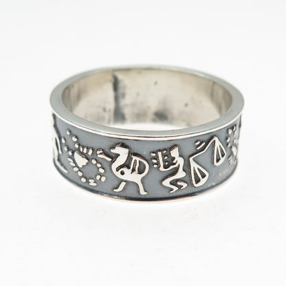 925 Sterling Silver Vintage Mexico Zodiac Calendar Oxidized Band Ring Size 11.75