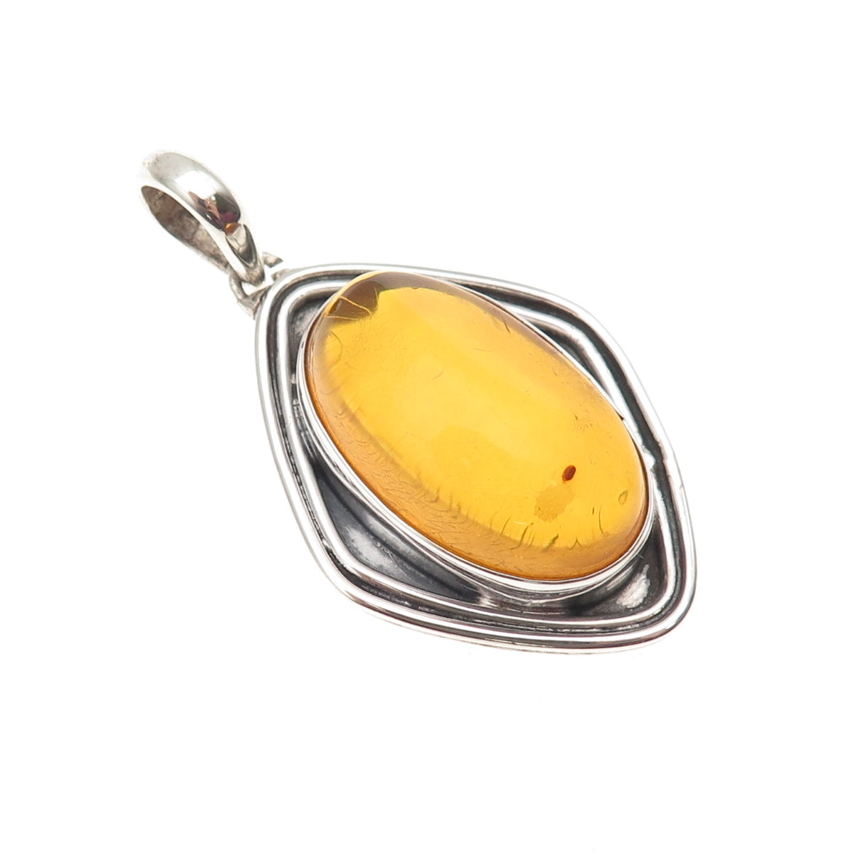 925 Sterling Silver Vintage Real Amber Modernist Oxidized Pendant