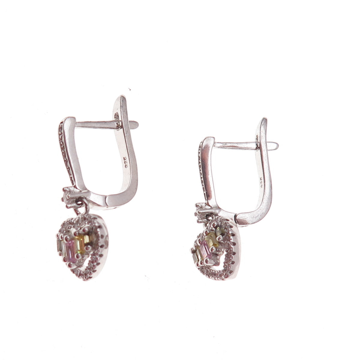 925 Sterling Silver Multi-Color C Z Heart Dangle Earrings