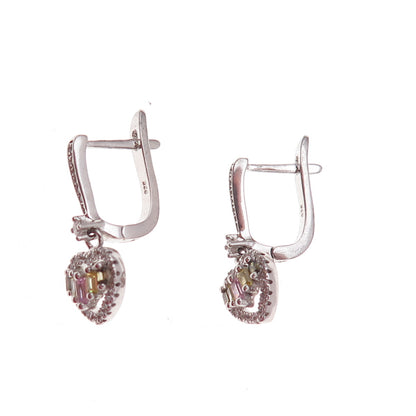 925 Sterling Silver Multi-Color C Z Heart Dangle Earrings