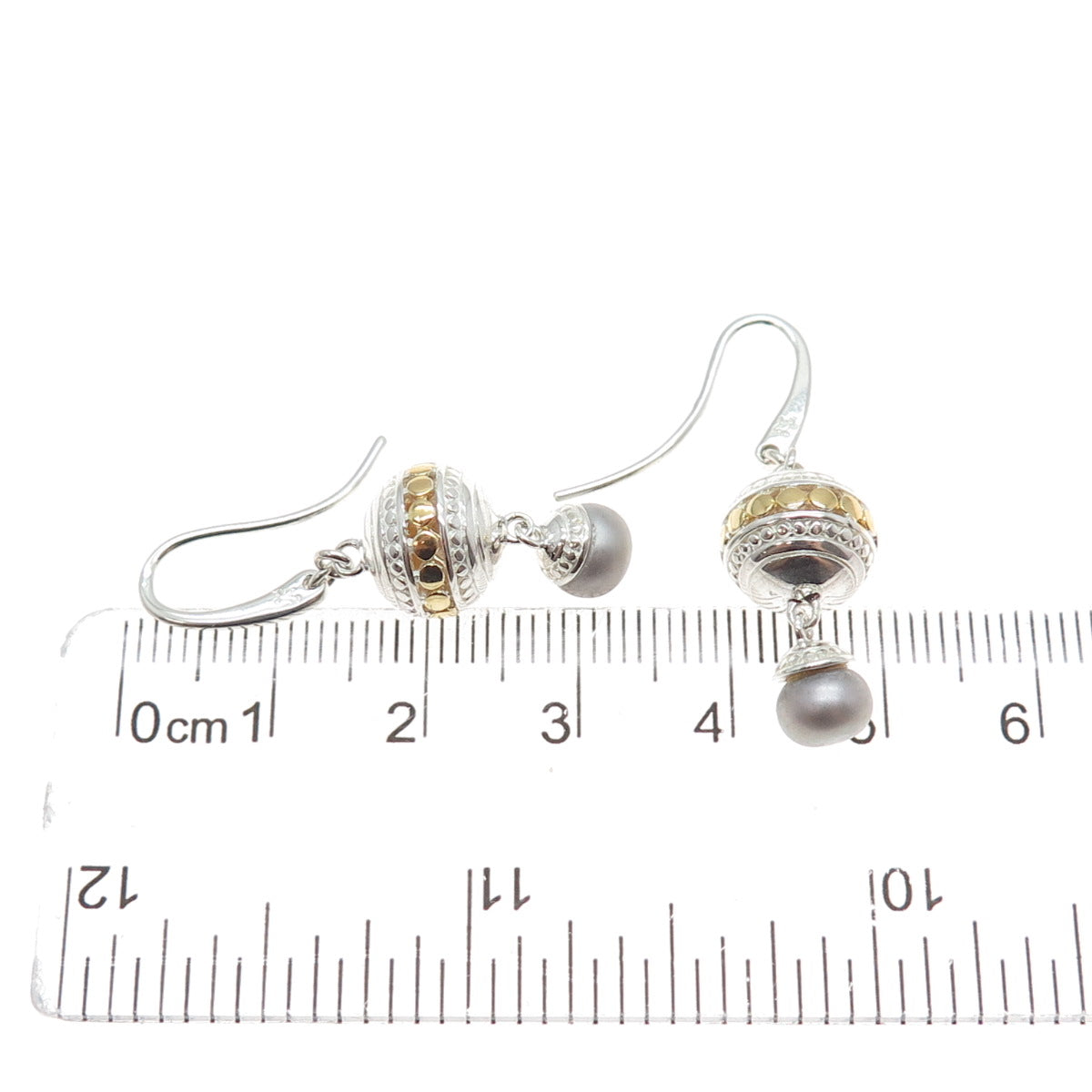 KIT HEATH Sterling Silver 2-Tone Vintage Faux Pearl Modernist Dangle Earrings