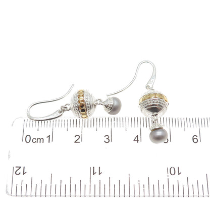 KIT HEATH Sterling Silver 2-Tone Vintage Faux Pearl Modernist Dangle Earrings