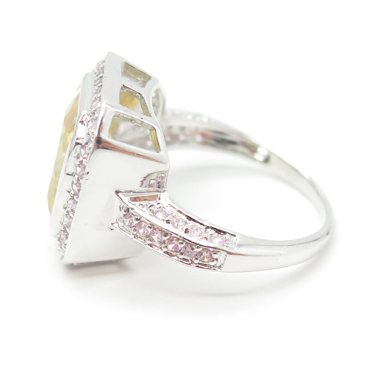 925 Sterling Silver Canary & Pink C Z Bohemian Ring Size 8