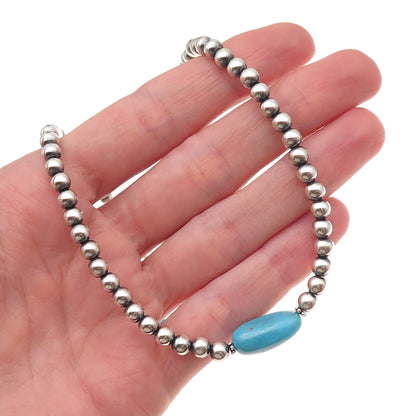 925 Sterling Silver Vintage Real Turquoise Ball Beaded Chain Necklace 16-18"